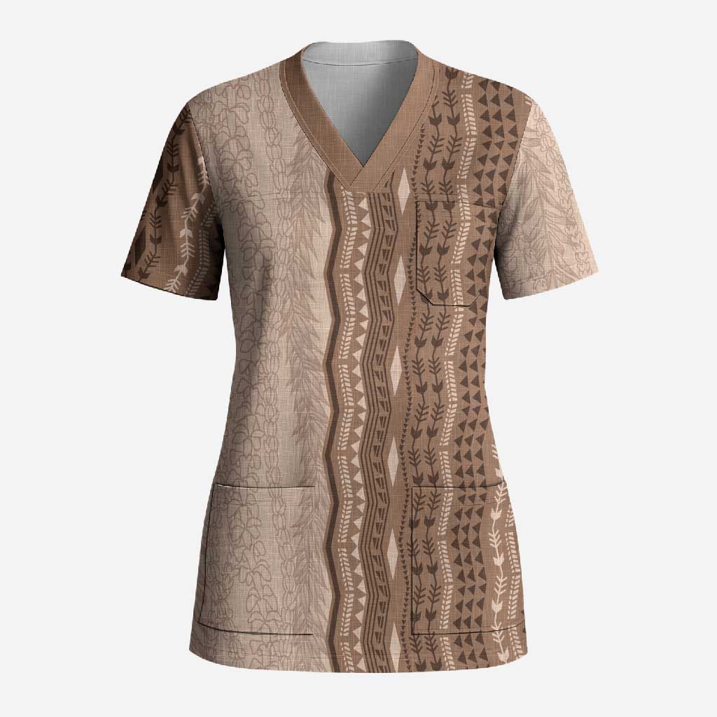 Vintage Beige Hawaiian Traditional Kapa Mix Flowers Lei Scrub Top