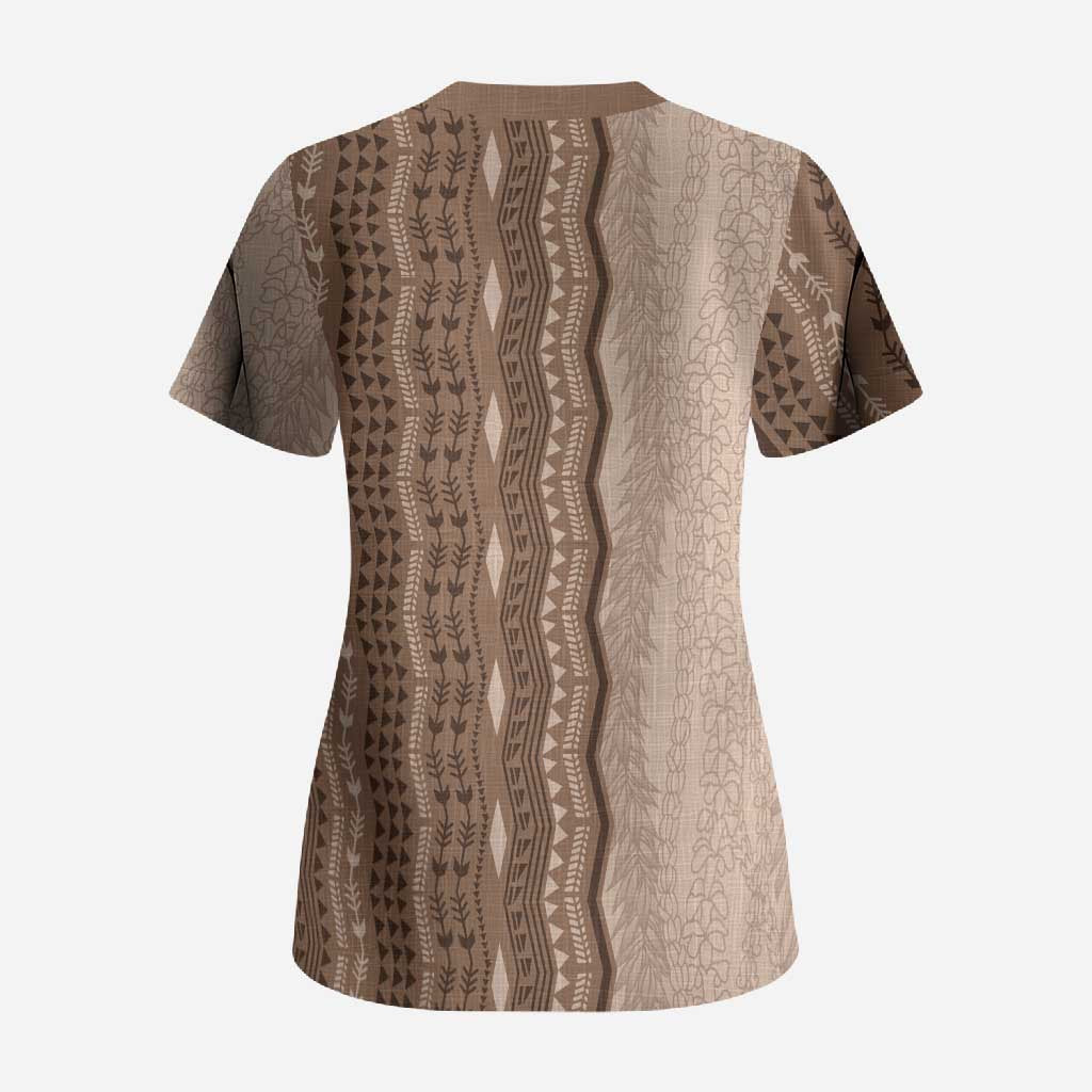 Vintage Beige Hawaiian Traditional Kapa Mix Flowers Lei Scrub Top