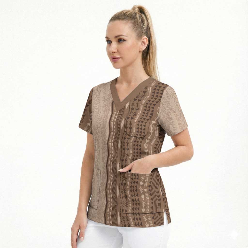 Vintage Beige Hawaiian Traditional Kapa Mix Flowers Lei Scrub Top