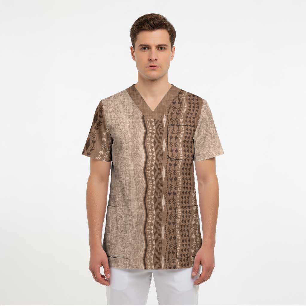 Vintage Beige Hawaiian Traditional Kapa Mix Flowers Lei Scrub Top