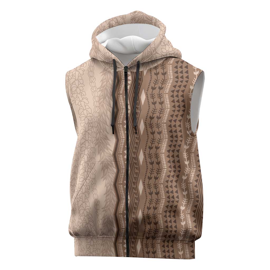 Vintage Beige Hawaiian Traditional Kapa Mix Flowers Lei Sleeveless Zip Hoodie