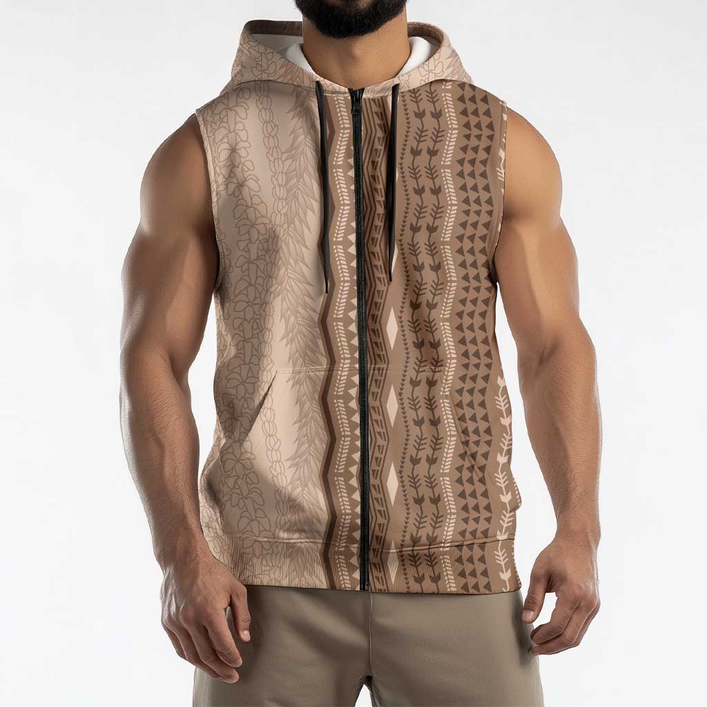 Vintage Beige Hawaiian Traditional Kapa Mix Flowers Lei Sleeveless Zip Hoodie