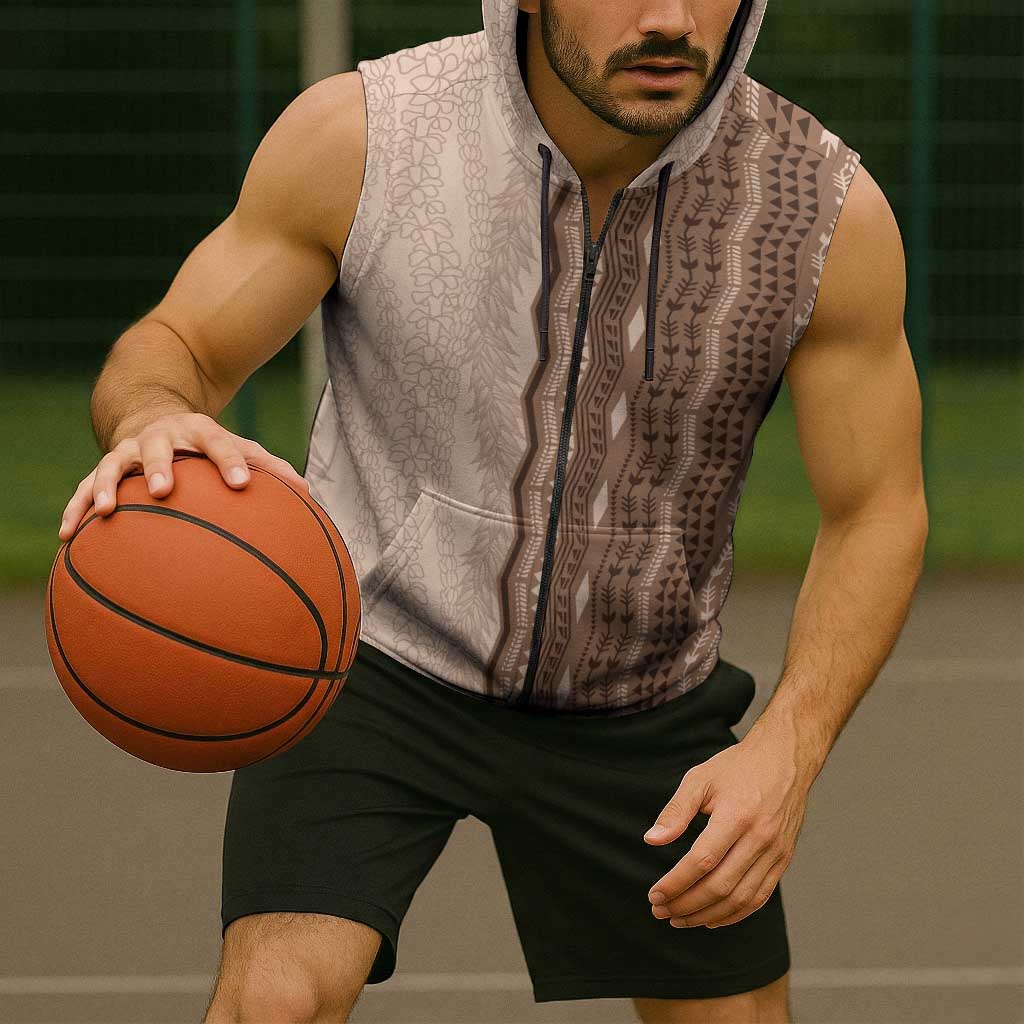 Vintage Beige Hawaiian Traditional Kapa Mix Flowers Lei Sleeveless Zip Hoodie