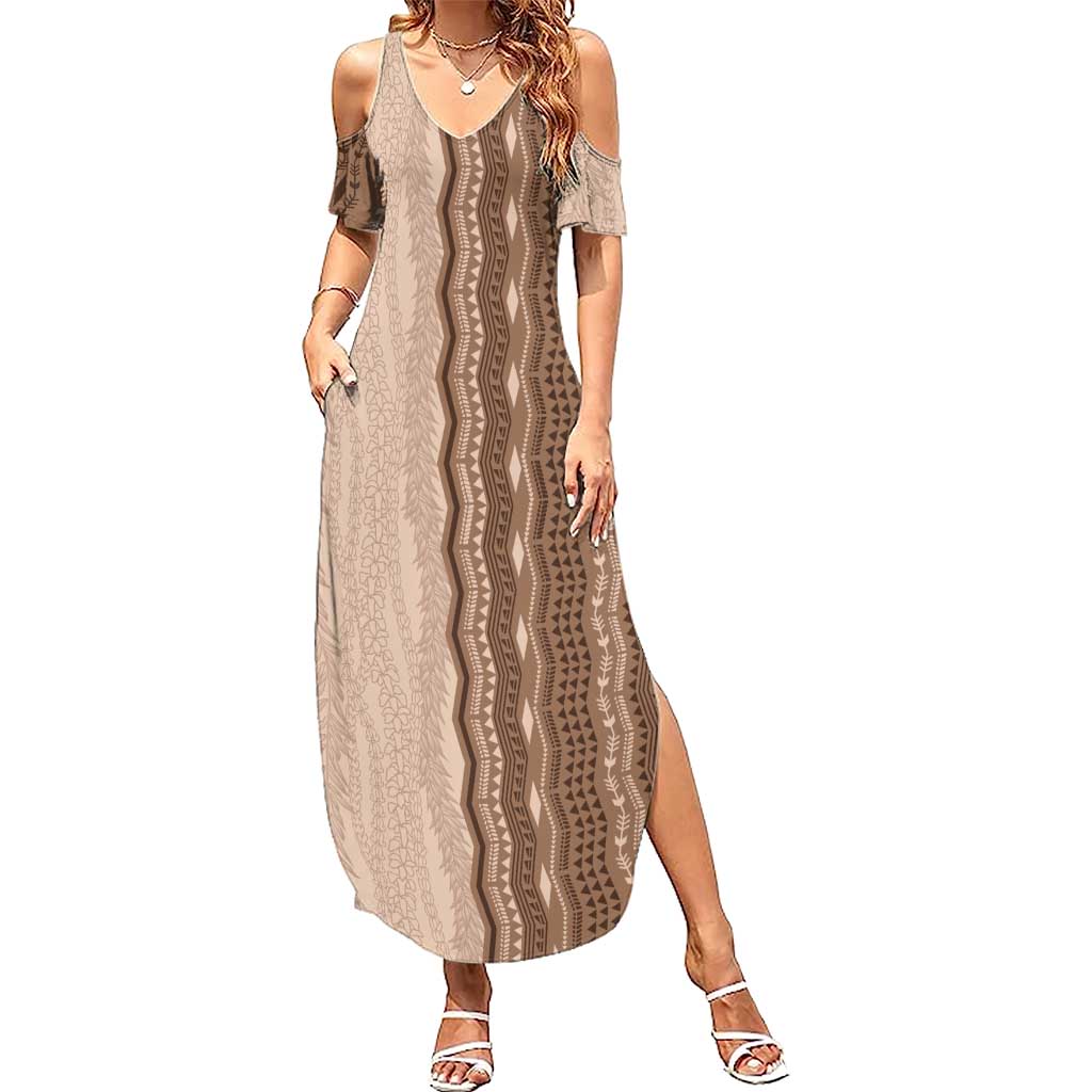 Vintage Beige Hawaiian Traditional Kapa Mix Flowers Lei Summer Maxi Dress LT7 Women Beige - Polynesian Pride