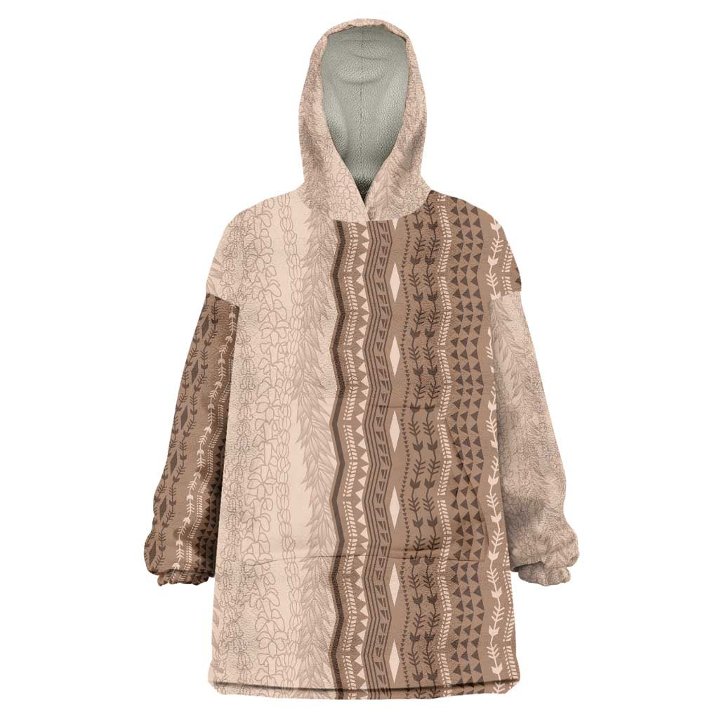 Vintage Beige Hawaiian Traditional Kapa Mix Flowers Lei Wearable Blanket Hoodie