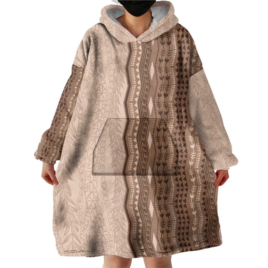 Vintage Beige Hawaiian Traditional Kapa Mix Flowers Lei Wearable Blanket Hoodie