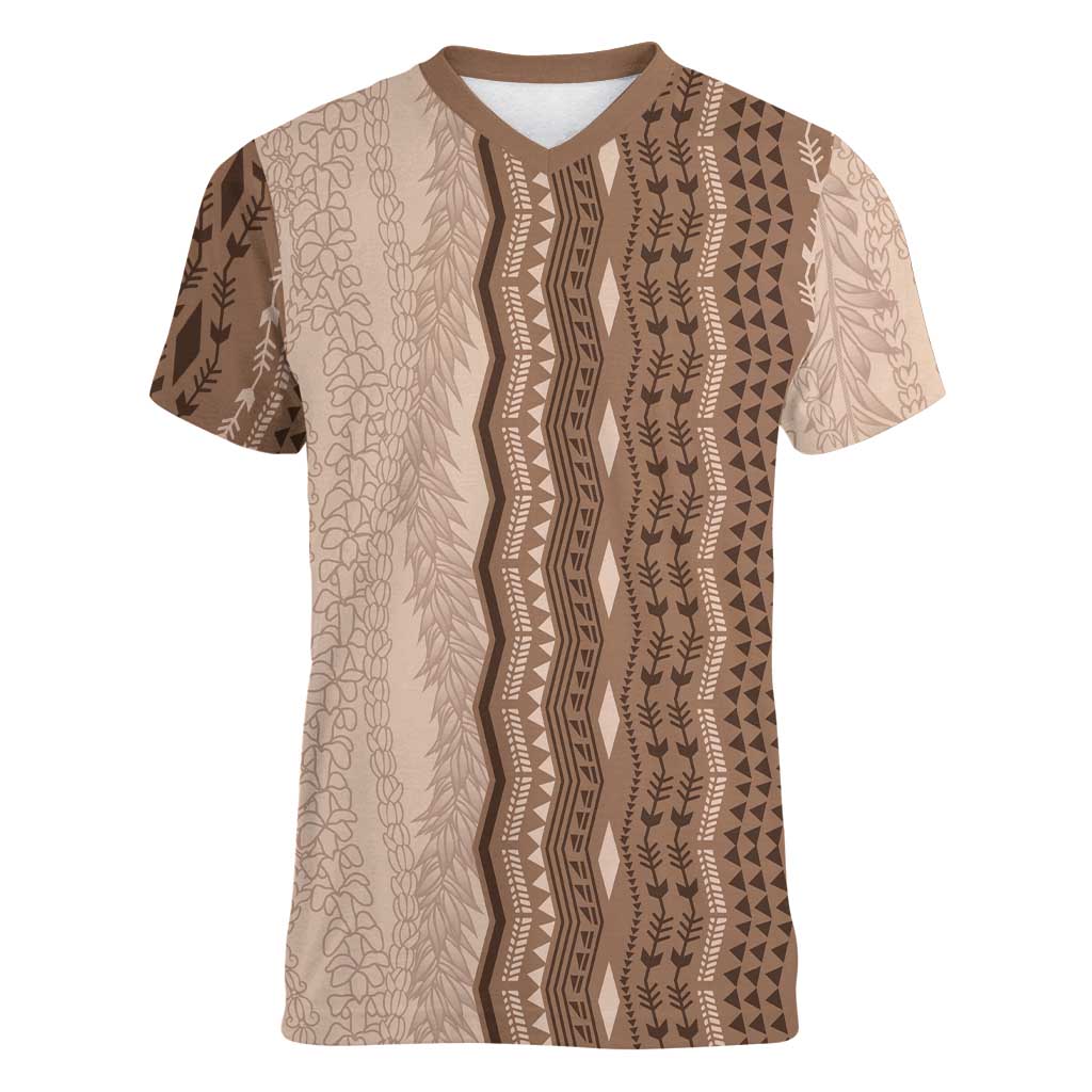 Vintage Beige Hawaiian Traditional Kapa Mix Flowers Lei Women V-Neck T-Shirt LT7 Female Beige - Polynesian Pride