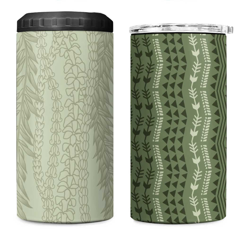 Vintage Sage Green Hawaiian Traditional Kapa Mix Flowers Lei 4 in 1 Can Cooler Tumbler