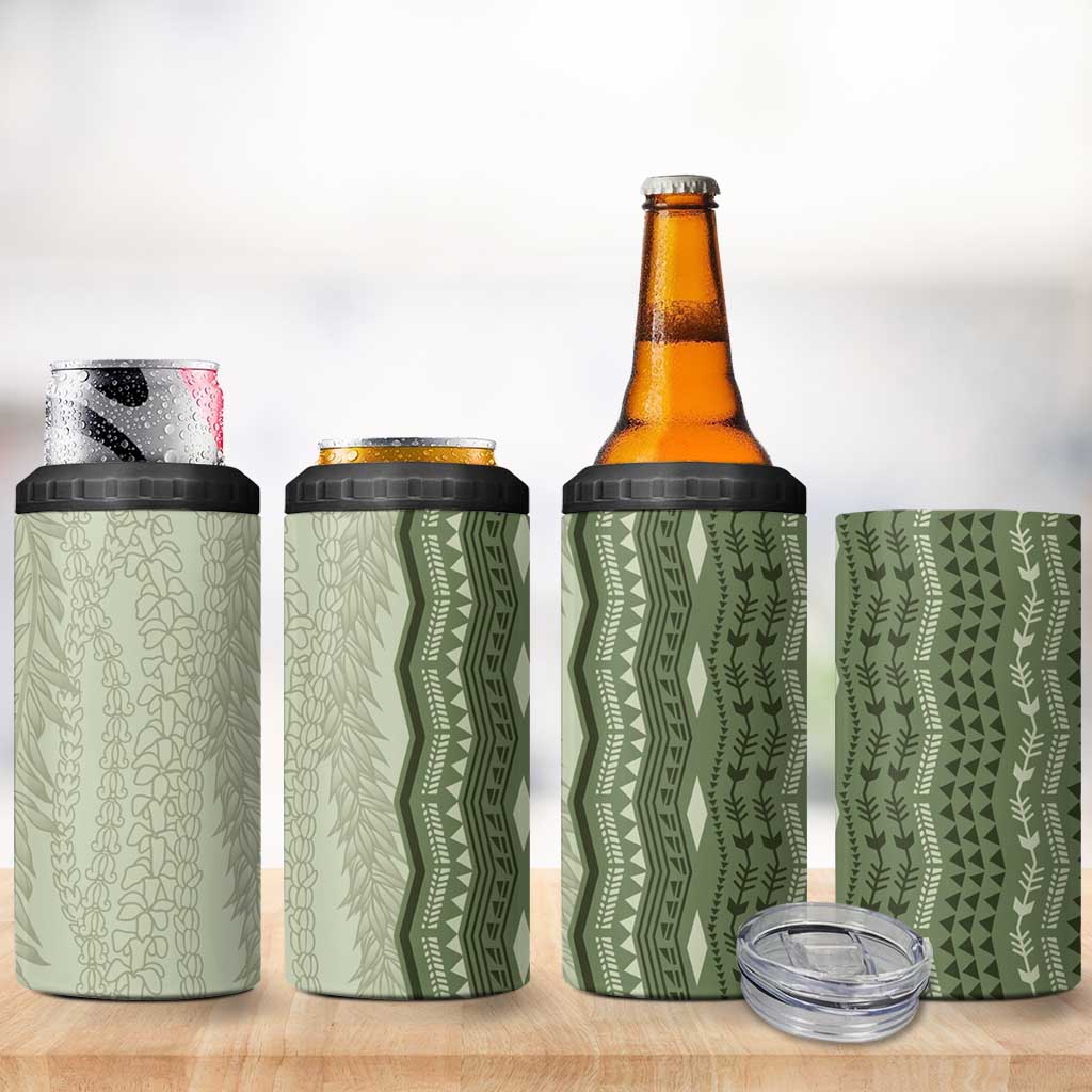Vintage Sage Green Hawaiian Traditional Kapa Mix Flowers Lei 4 in 1 Can Cooler Tumbler