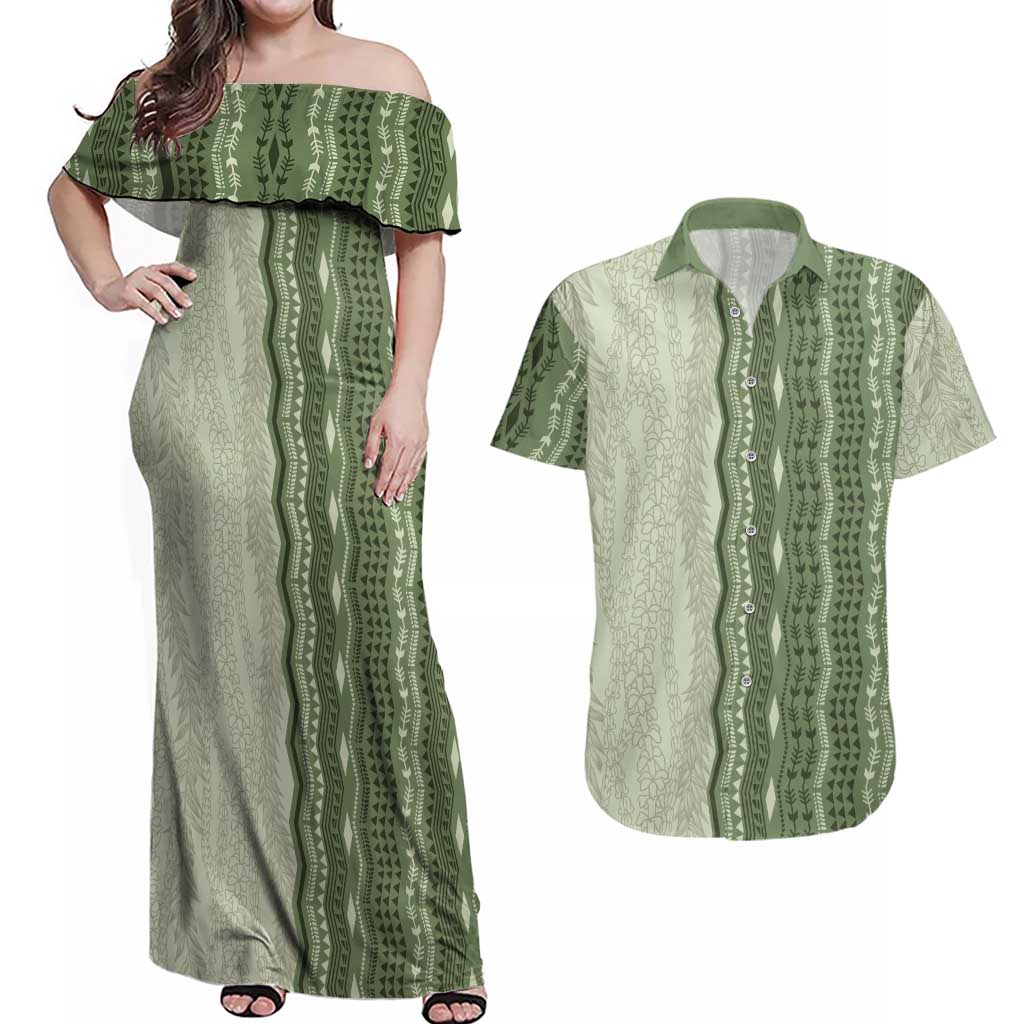 Vintage Sage Green Hawaiian Traditional Kapa Mix Flowers Lei Couples Matching Off Shoulder Maxi Dress and Hawaiian Shirt