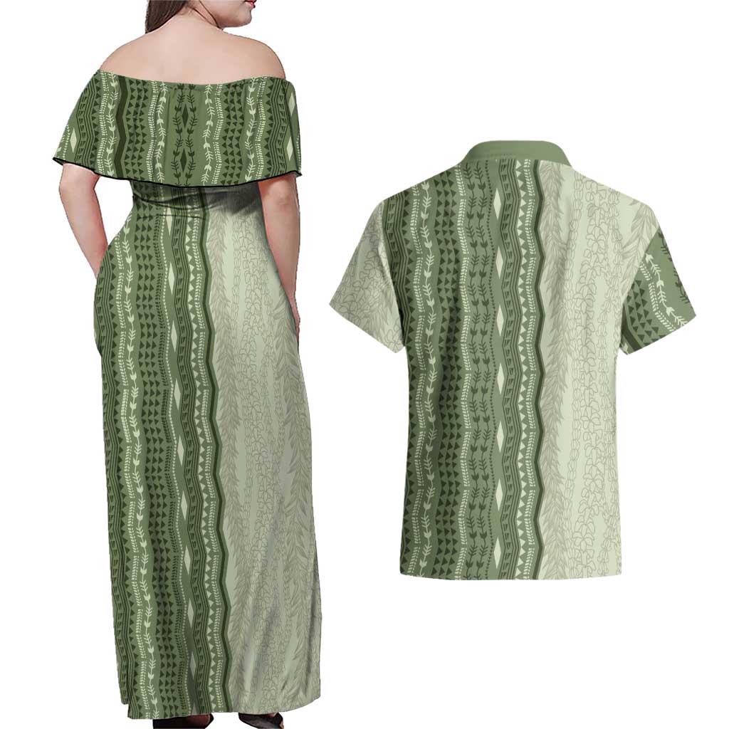 Vintage Sage Green Hawaiian Traditional Kapa Mix Flowers Lei Couples Matching Off Shoulder Maxi Dress and Hawaiian Shirt