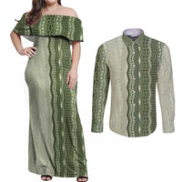 Vintage Sage Green Hawaiian Traditional Kapa Mix Flowers Lei Couples Matching Off Shoulder Maxi Dress and Long Sleeve Button Shirt