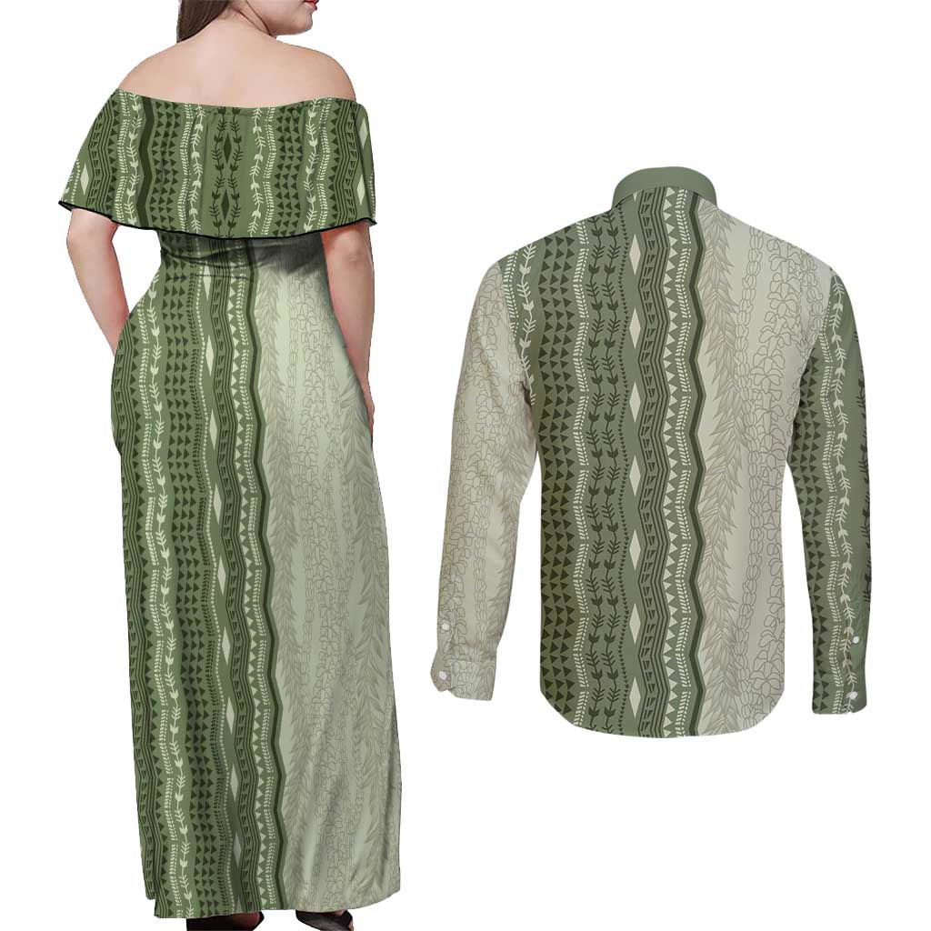 Vintage Sage Green Hawaiian Traditional Kapa Mix Flowers Lei Couples Matching Off Shoulder Maxi Dress and Long Sleeve Button Shirt