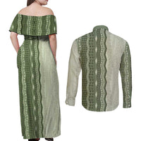 Vintage Sage Green Hawaiian Traditional Kapa Mix Flowers Lei Couples Matching Off Shoulder Maxi Dress and Long Sleeve Button Shirt