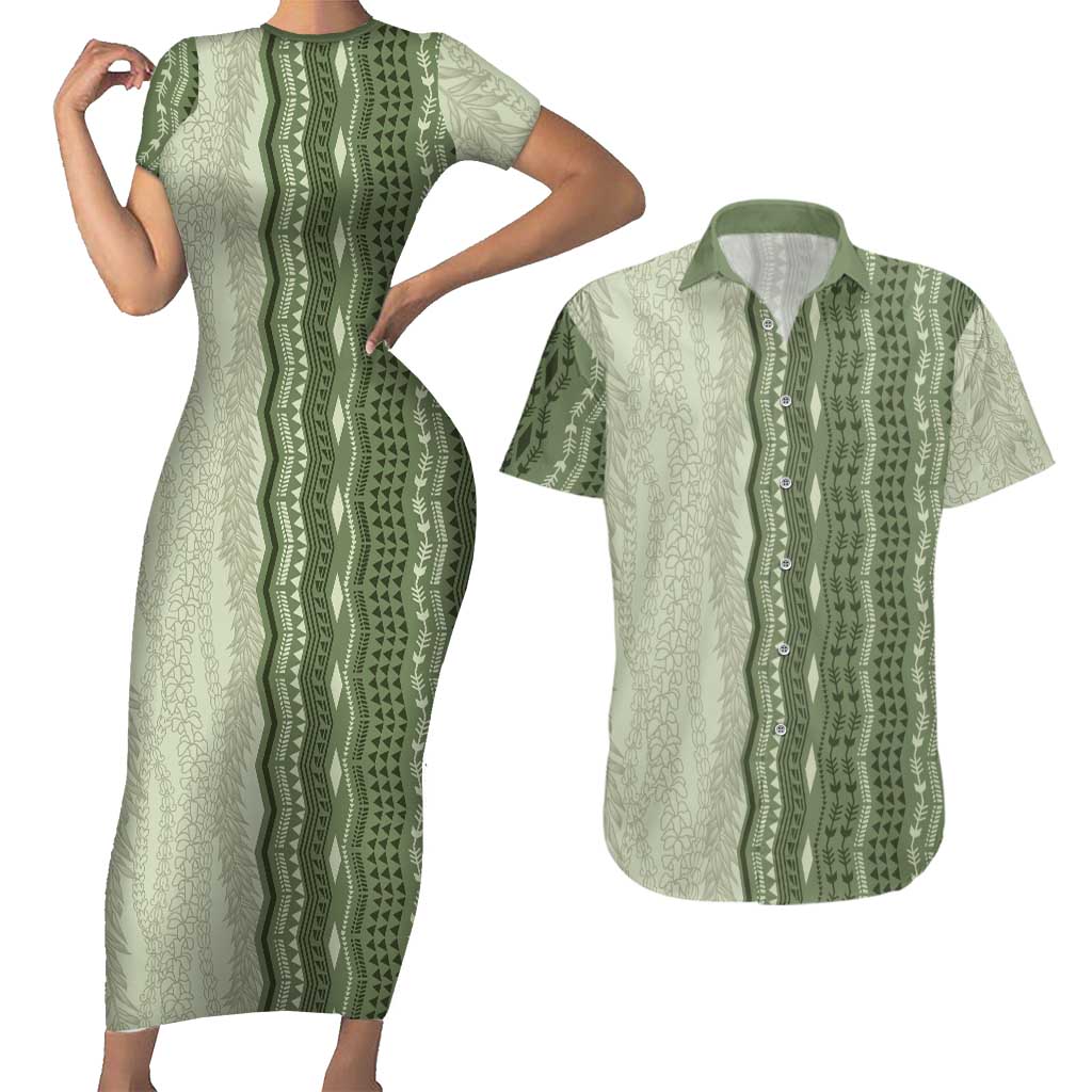 Vintage Sage Green Hawaiian Traditional Kapa Mix Flowers Lei Couples Matching Short Sleeve Bodycon Dress and Hawaiian Shirt