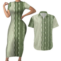 Vintage Sage Green Hawaiian Traditional Kapa Mix Flowers Lei Couples Matching Short Sleeve Bodycon Dress and Hawaiian Shirt