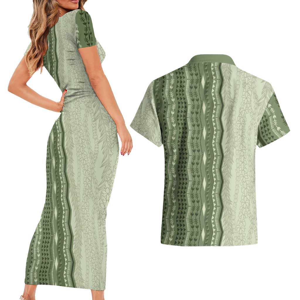 Vintage Sage Green Hawaiian Traditional Kapa Mix Flowers Lei Couples Matching Short Sleeve Bodycon Dress and Hawaiian Shirt