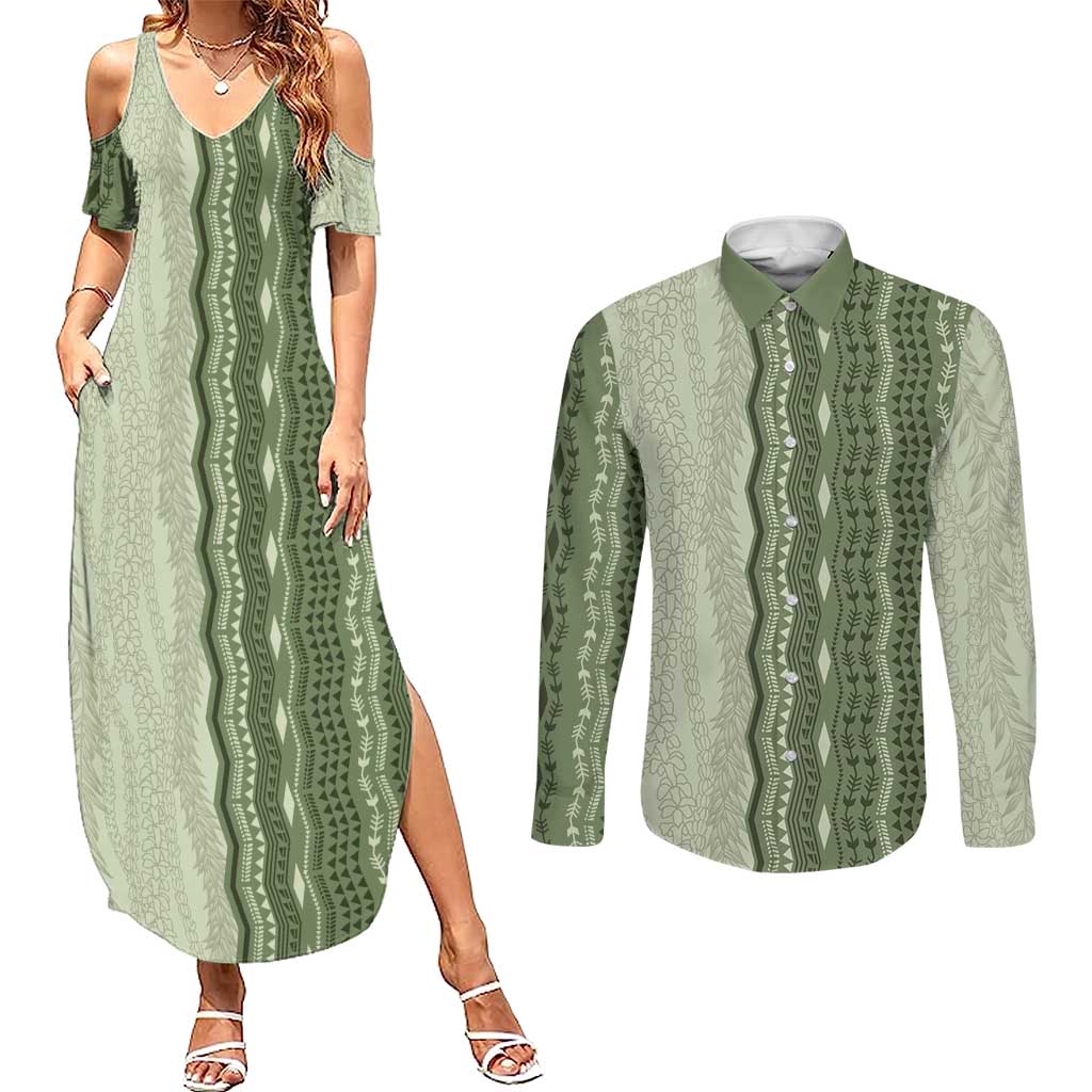 Vintage Sage Green Hawaiian Traditional Kapa Mix Flowers Lei Couples Matching Summer Maxi Dress and Long Sleeve Button Shirt