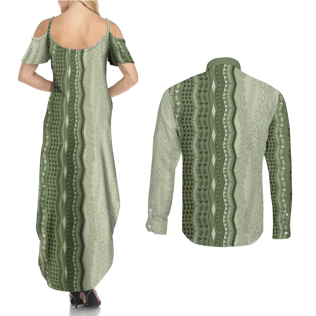 Vintage Sage Green Hawaiian Traditional Kapa Mix Flowers Lei Couples Matching Summer Maxi Dress and Long Sleeve Button Shirt