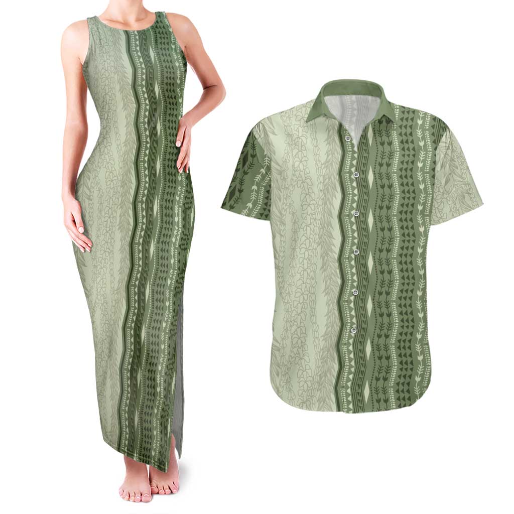 Vintage Sage Green Hawaiian Traditional Kapa Mix Flowers Lei Couples Matching Tank Maxi Dress and Hawaiian Shirt