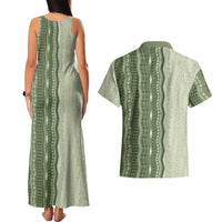 Vintage Sage Green Hawaiian Traditional Kapa Mix Flowers Lei Couples Matching Tank Maxi Dress and Hawaiian Shirt