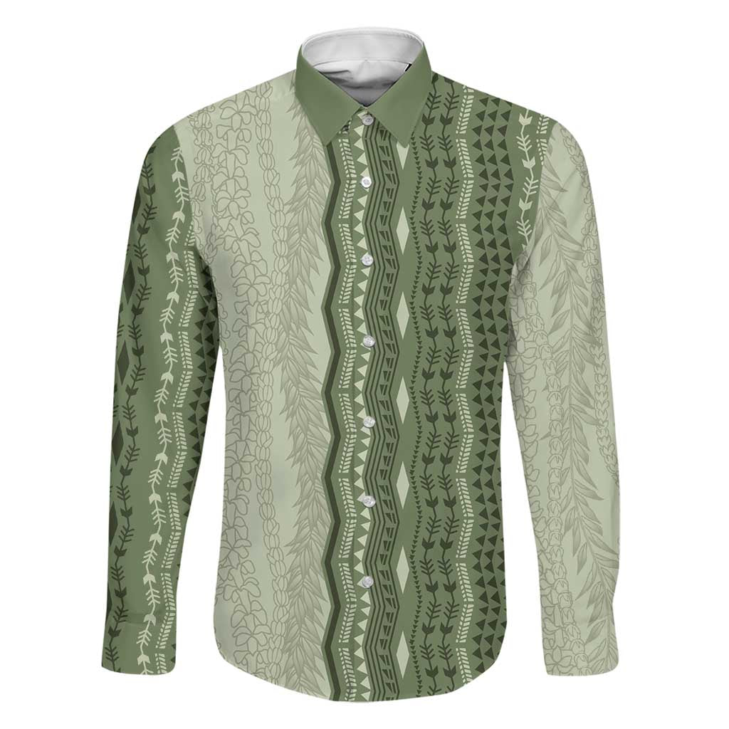 Vintage Sage Green Hawaiian Traditional Kapa Mix Flowers Lei Family Matching Puletasi and Hawaiian Shirt LT7 Dad's Shirt - Long Sleeve Sage Green - Polynesian Pride
