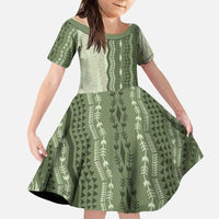 Vintage Sage Green Hawaiian Traditional Kapa Mix Flowers Lei Family Matching Short Sleeve Bodycon Dress and Hawaiian Shirt LT7 Daughter's Dress Sage Green - Polynesian Pride