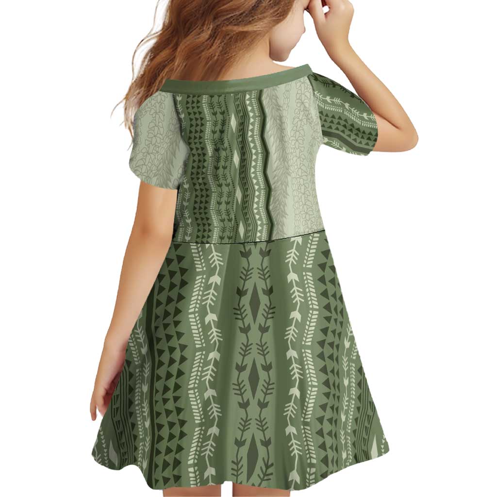 Vintage Sage Green Hawaiian Traditional Kapa Mix Flowers Lei Family Matching Short Sleeve Bodycon Dress and Hawaiian Shirt LT7 - Polynesian Pride