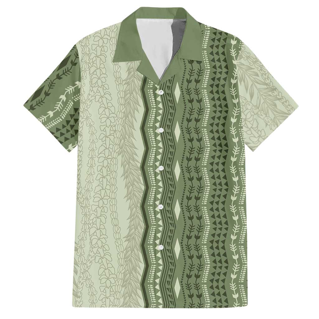 Vintage Sage Green Hawaiian Traditional Kapa Mix Flowers Lei Hawaiian Shirt