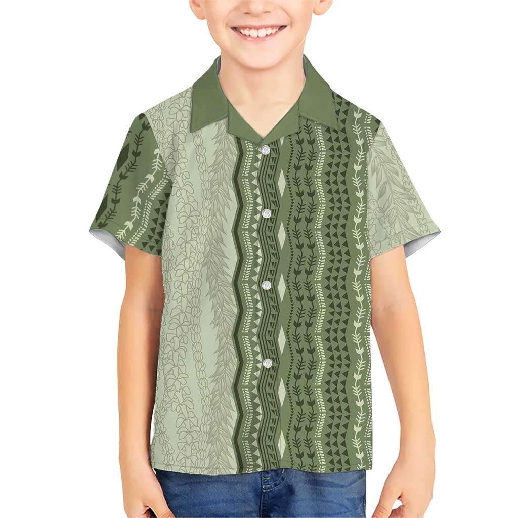 Vintage Sage Green Hawaiian Traditional Kapa Mix Flowers Lei Kid Hawaiian Shirt LT7 Kid Sage Green - Polynesian Pride