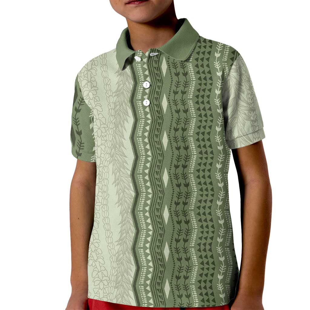 Vintage Sage Green Hawaiian Traditional Kapa Mix Flowers Lei Kid Polo Shirt