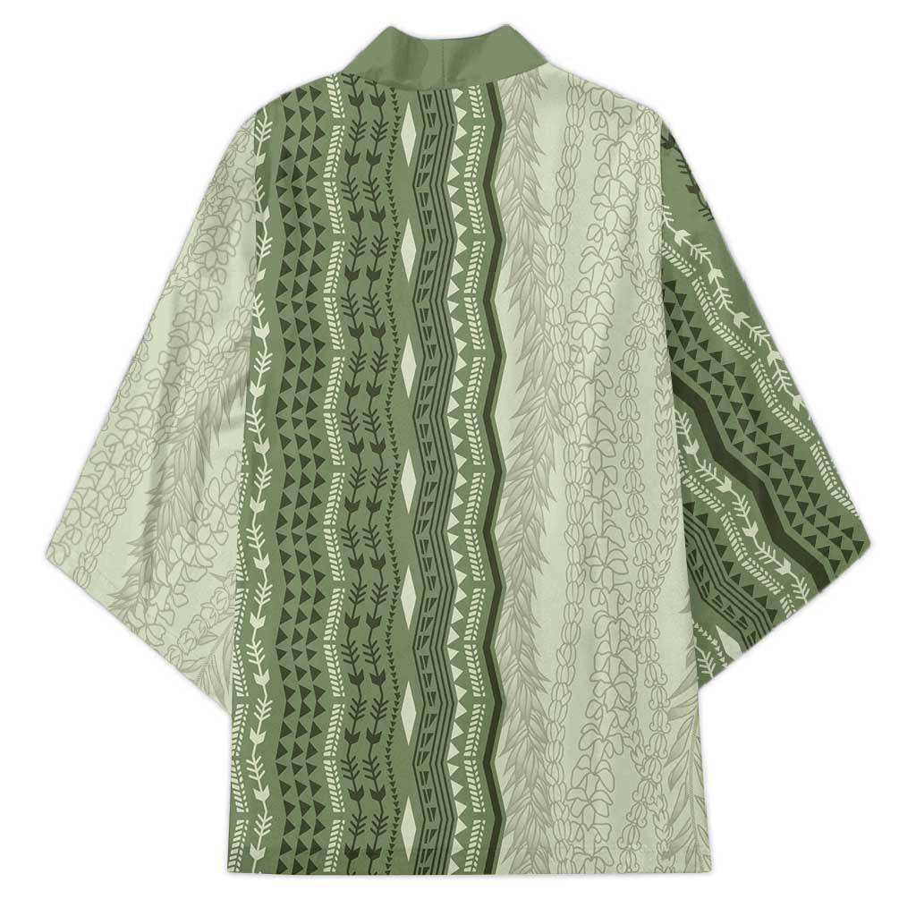 Vintage Sage Green Hawaiian Traditional Kapa Mix Flowers Lei Kimono
