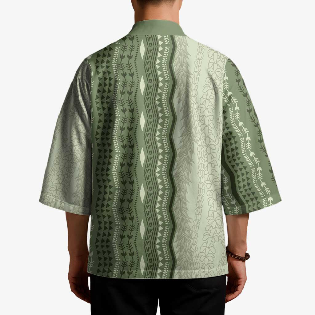 Vintage Sage Green Hawaiian Traditional Kapa Mix Flowers Lei Kimono