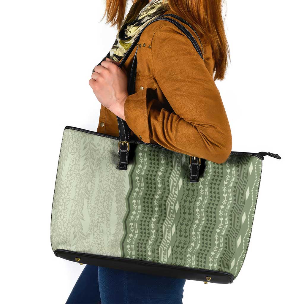Vintage Sage Green Hawaiian Traditional Kapa Mix Flowers Lei Leather Tote Bag