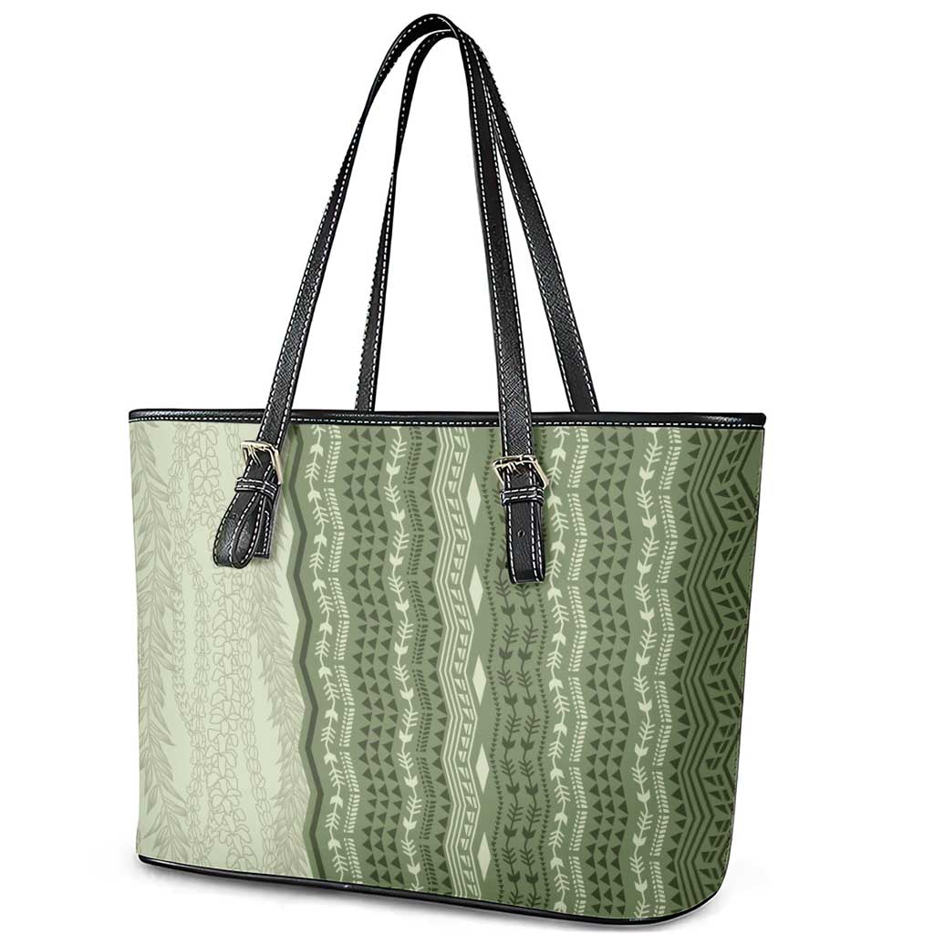 Vintage Sage Green Hawaiian Traditional Kapa Mix Flowers Lei Leather Tote Bag