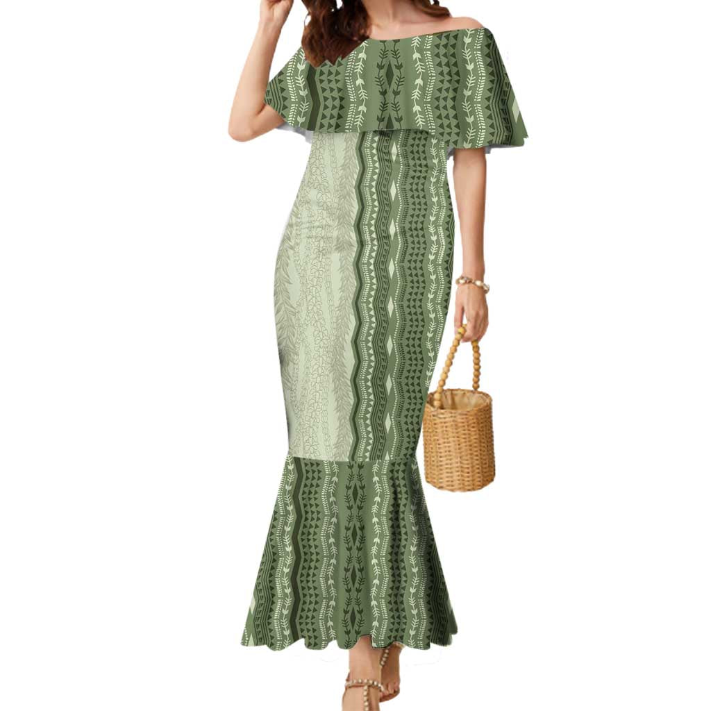 Vintage Sage Green Hawaiian Traditional Kapa Mix Flowers Lei Mermaid Dress