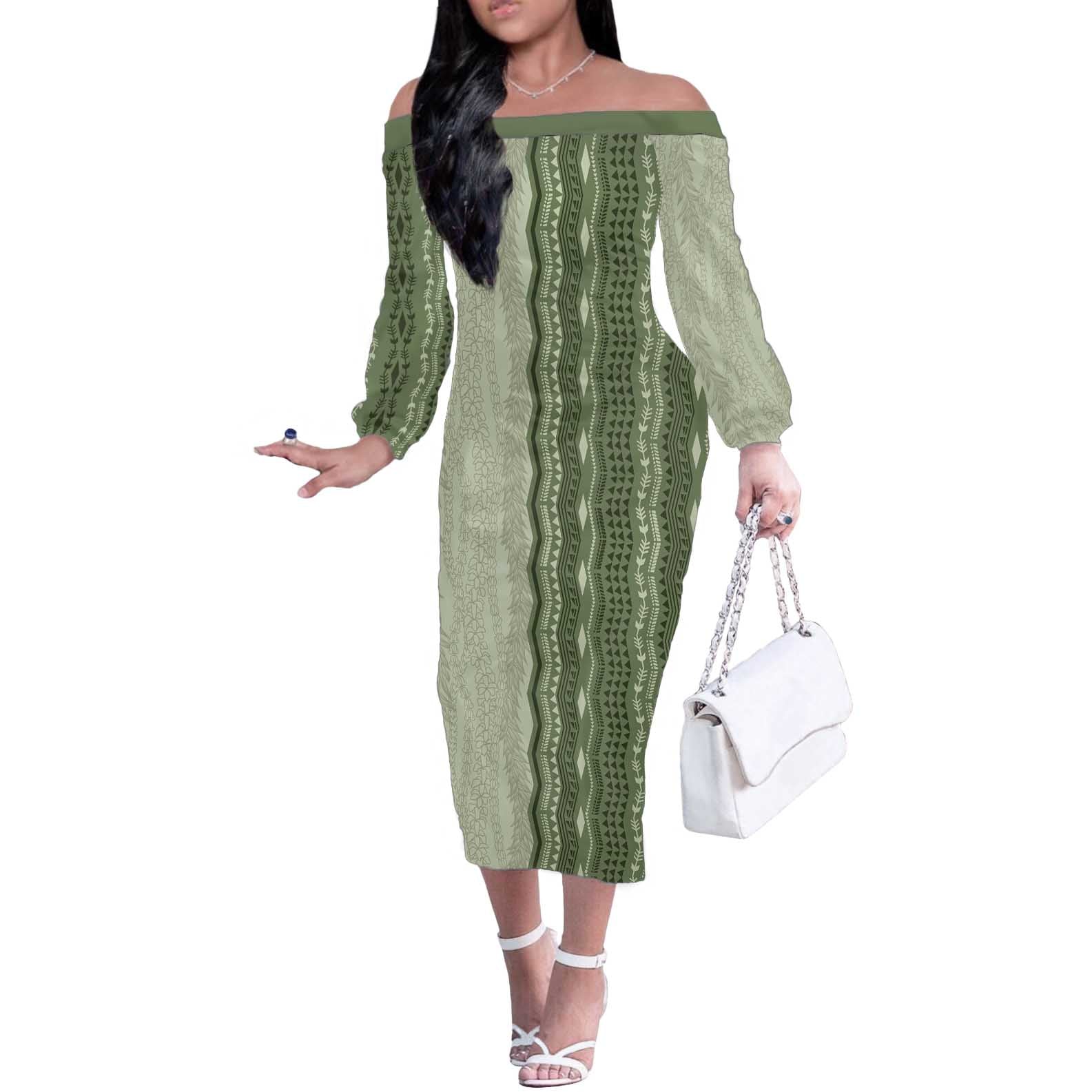 Vintage Sage Green Hawaiian Traditional Kapa Mix Flowers Lei Off The Shoulder Long Sleeve Dress LT7 Women Sage Green - Polynesian Pride