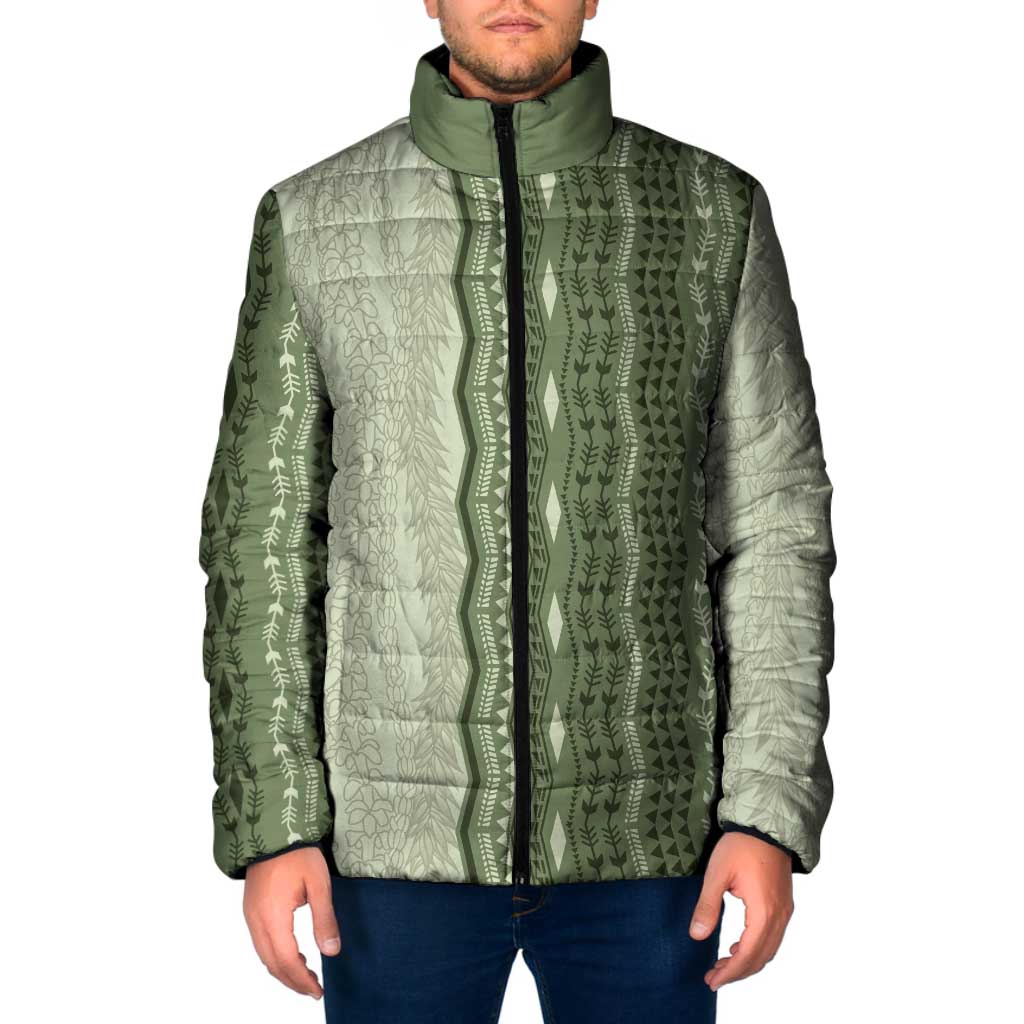 Vintage Sage Green Hawaiian Traditional Kapa Mix Flowers Lei Padded Jacket LT7 Men Sage Green - Polynesian Pride