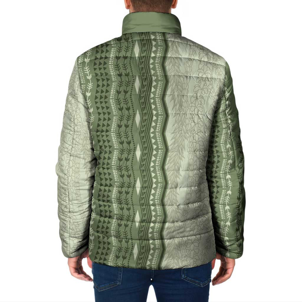 Vintage Sage Green Hawaiian Traditional Kapa Mix Flowers Lei Padded Jacket LT7 - Polynesian Pride