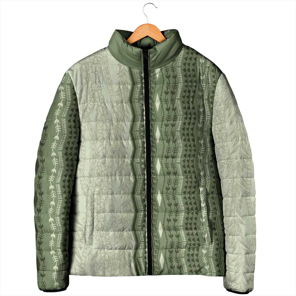 Vintage Sage Green Hawaiian Traditional Kapa Mix Flowers Lei Padded Jacket LT7 - Polynesian Pride
