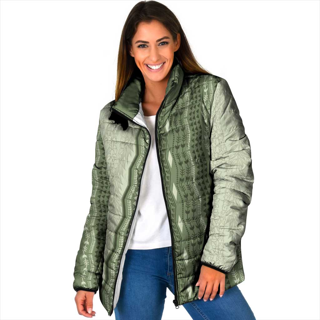 Vintage Sage Green Hawaiian Traditional Kapa Mix Flowers Lei Padded Jacket LT7 Women Sage Green - Polynesian Pride