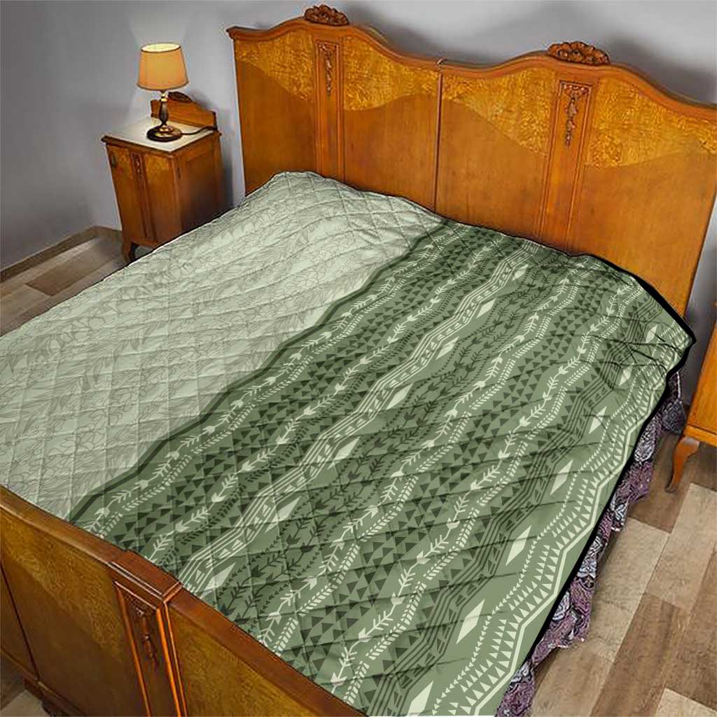 Vintage Sage Green Hawaiian Traditional Kapa Mix Flowers Lei Quilt