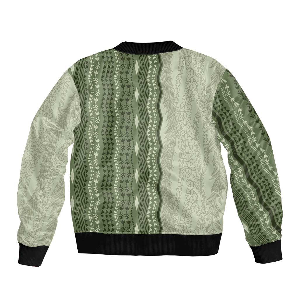 Vintage Sage Green Hawaiian Traditional Kapa Mix Flowers Lei Sleeve Zip Bomber Jacket LT7 - Polynesian Pride