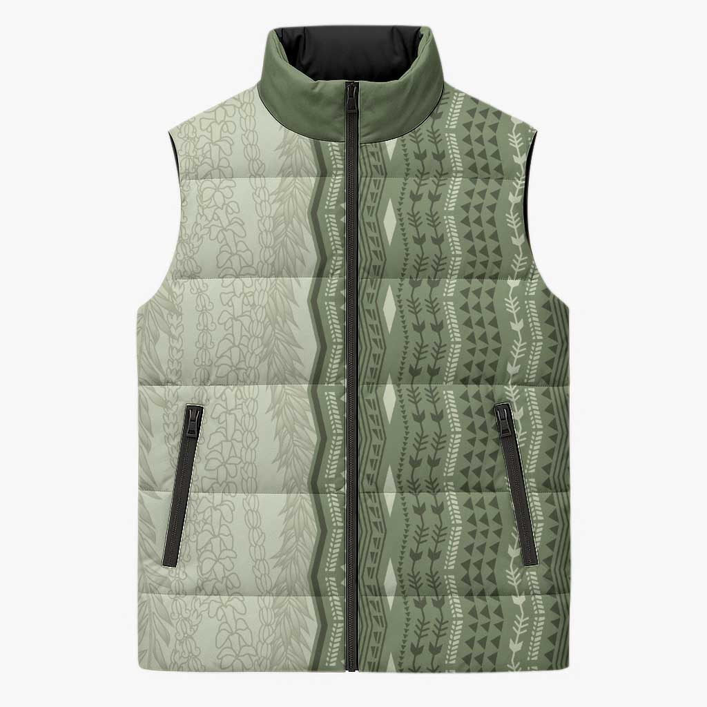 Vintage Sage Green Hawaiian Traditional Kapa Mix Flowers Lei Sleeveless Puffer Jacket LT7 Unisex Sage Green - Polynesian Pride