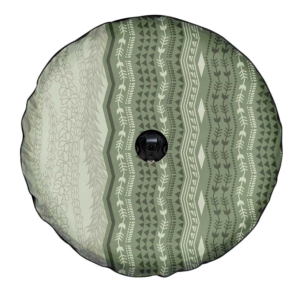 Vintage Sage Green Hawaiian Traditional Kapa Mix Flowers Lei Spare Tire Cover