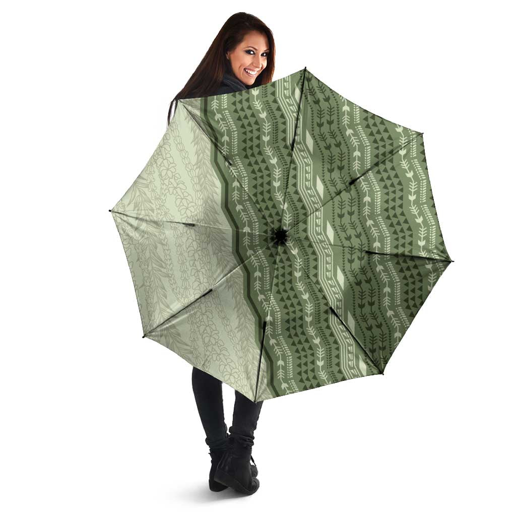 Vintage Sage Green Hawaiian Traditional Kapa Mix Flowers Lei Umbrella LT7 - Polynesian Pride