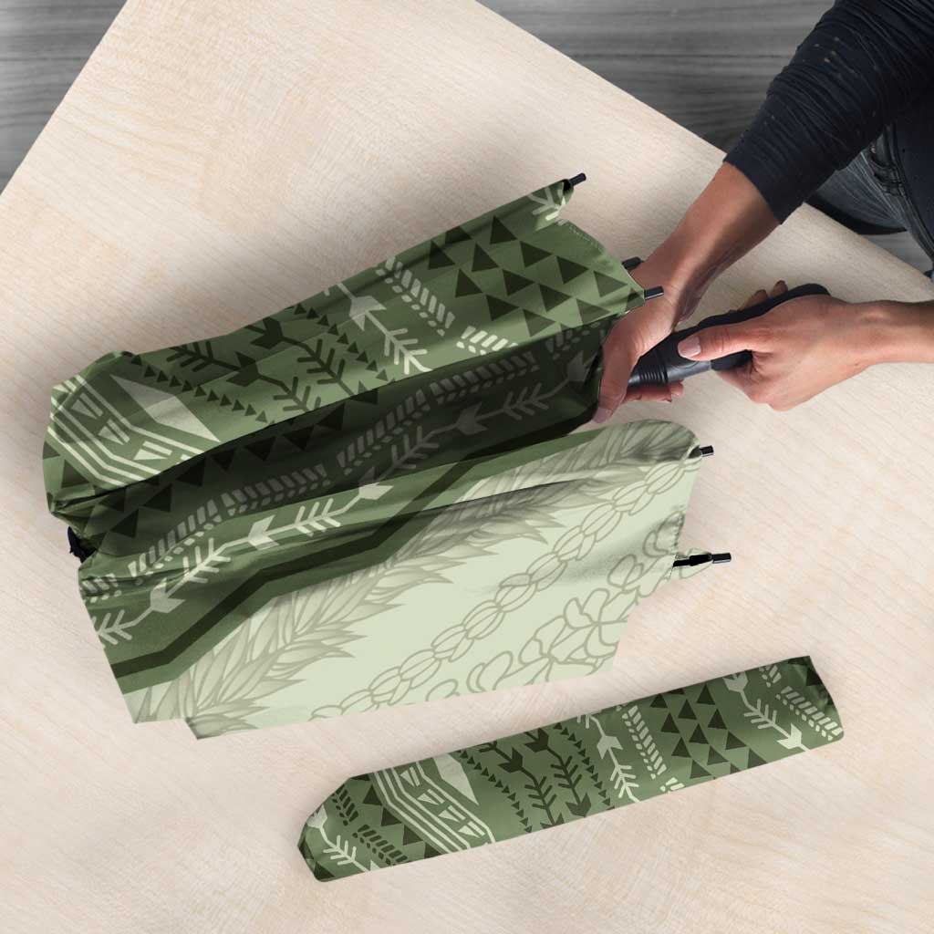 Vintage Sage Green Hawaiian Traditional Kapa Mix Flowers Lei Umbrella LT7 - Polynesian Pride