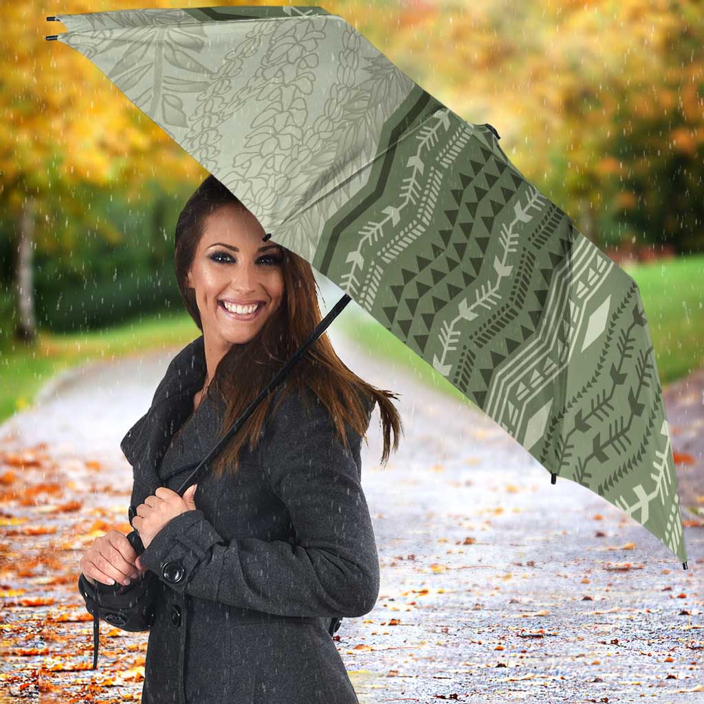 Vintage Sage Green Hawaiian Traditional Kapa Mix Flowers Lei Umbrella LT7 - Polynesian Pride