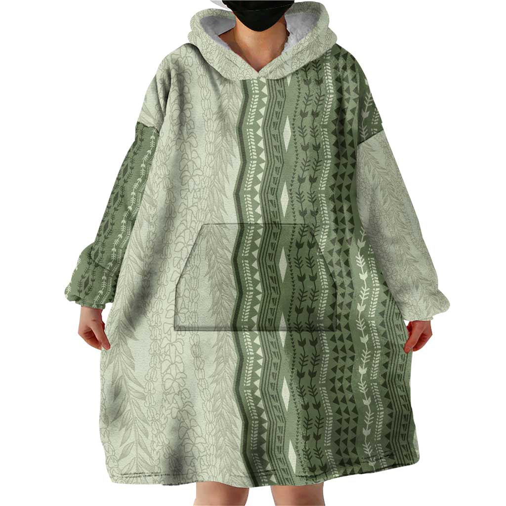 Vintage Sage Green Hawaiian Traditional Kapa Mix Flowers Lei Wearable Blanket Hoodie