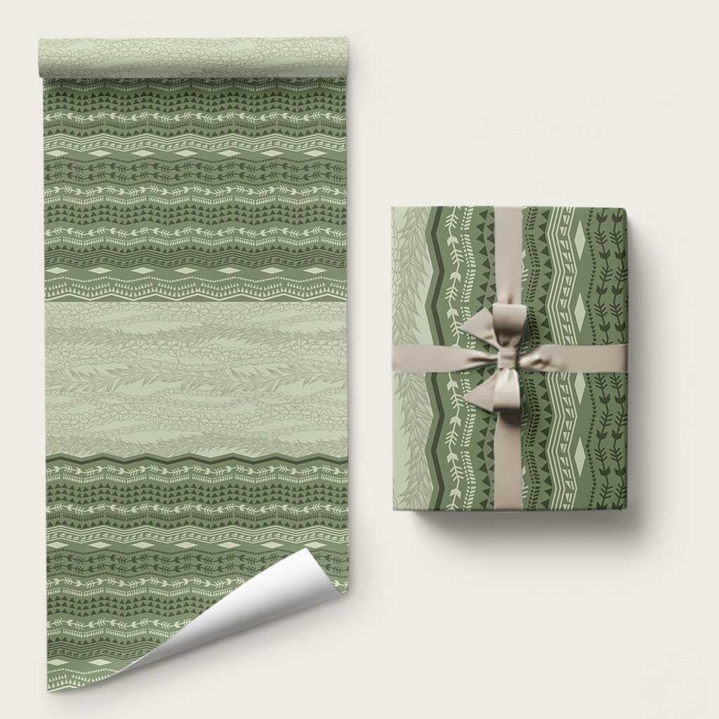 Vintage Sage Green Hawaiian Traditional Kapa Mix Flowers Lei Wrapping Paper LT7 58" × 23" Sage Green - Polynesian Pride